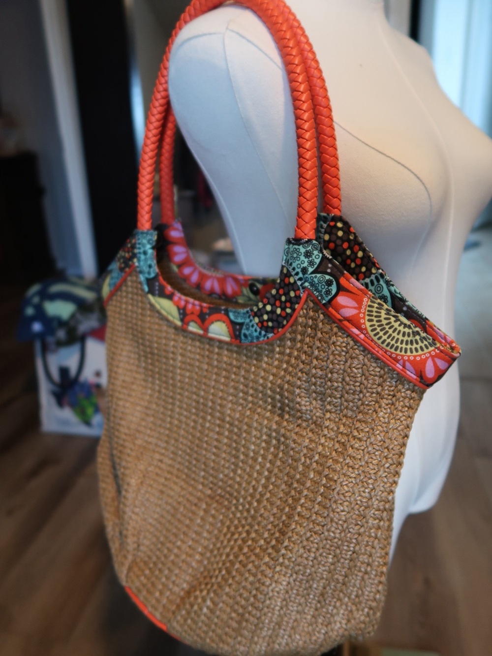Vera Bradley Woven Straw Tote with Orange Braided Handles and Floral Trim